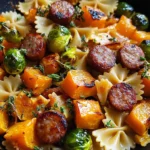Autumn Dinner with Sausage, Pasta, Brussels Sprouts, and Butternut Squash