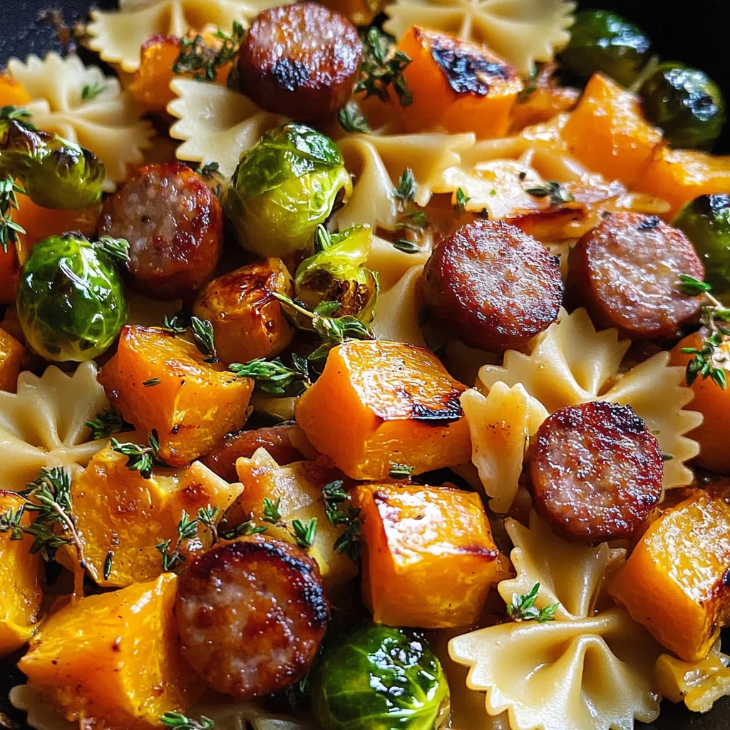 Autumn Dinner with Sausage, Pasta, Brussels Sprouts, and Butternut Squash