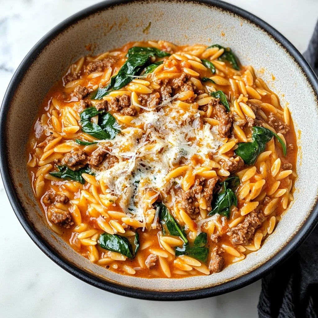 Hearty Ground Beef Orzo with Tomato Cream Sauce