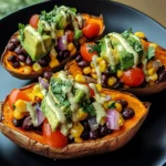 Stuffed Sweet Potato with Avocado, Black Beans & Cilantro Lime Crema