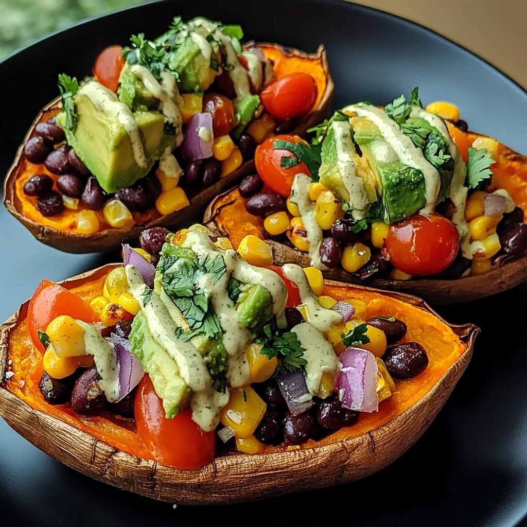 Stuffed Sweet Potato with Avocado, Black Beans & Cilantro Lime Crema