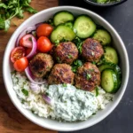 Greek Meatball Bowl with Tzatziki, Rice & Fresh Veggies