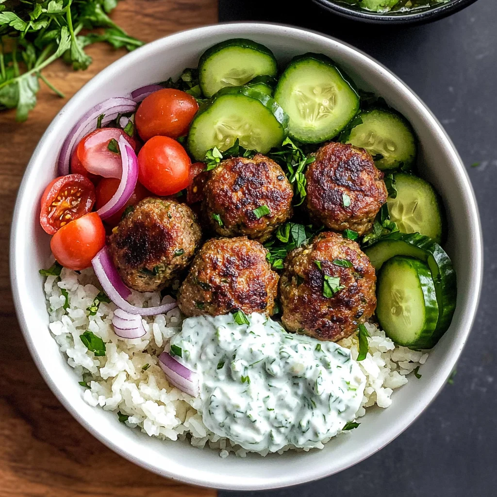 Greek Meatball Bowl with Tzatziki, Rice & Fresh Veggies