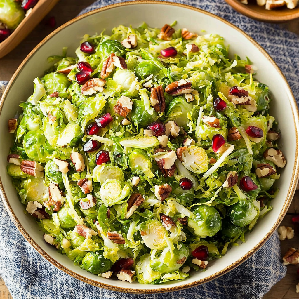 Shaved Brussels Sprout Salad with Pomegranate and Candied Pecans