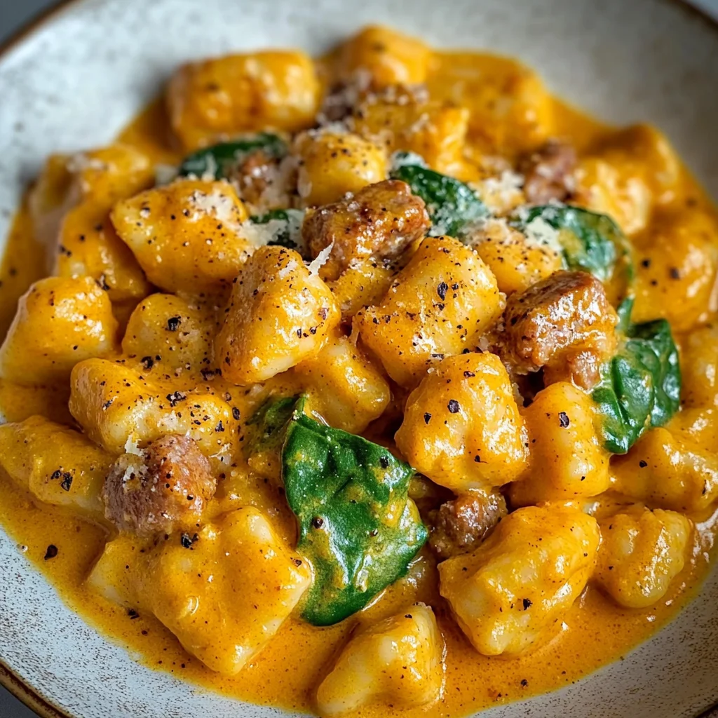 Creamy Pumpkin Gnocchi with Spinach and Italian Sausage