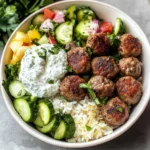 Gyro Bowls (Meatballs with Tzatziki, Lemon Rice, and Cucumber Salad)
