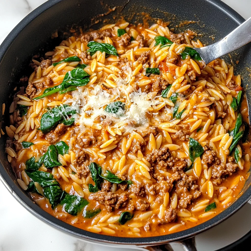 Hearty Ground Beef Orzo with Tomato Cream Sauce
