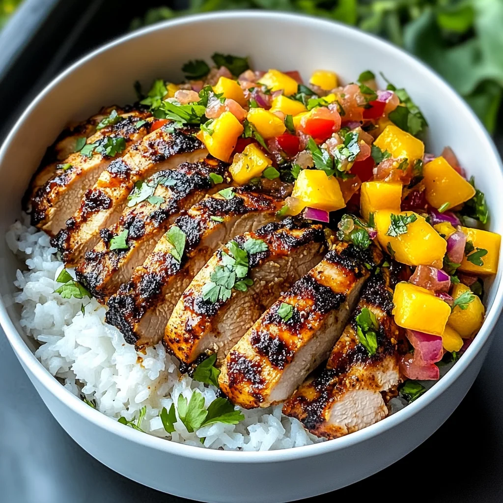 Jerk Chicken Bowls with Mango Salsa and Coconut Rice