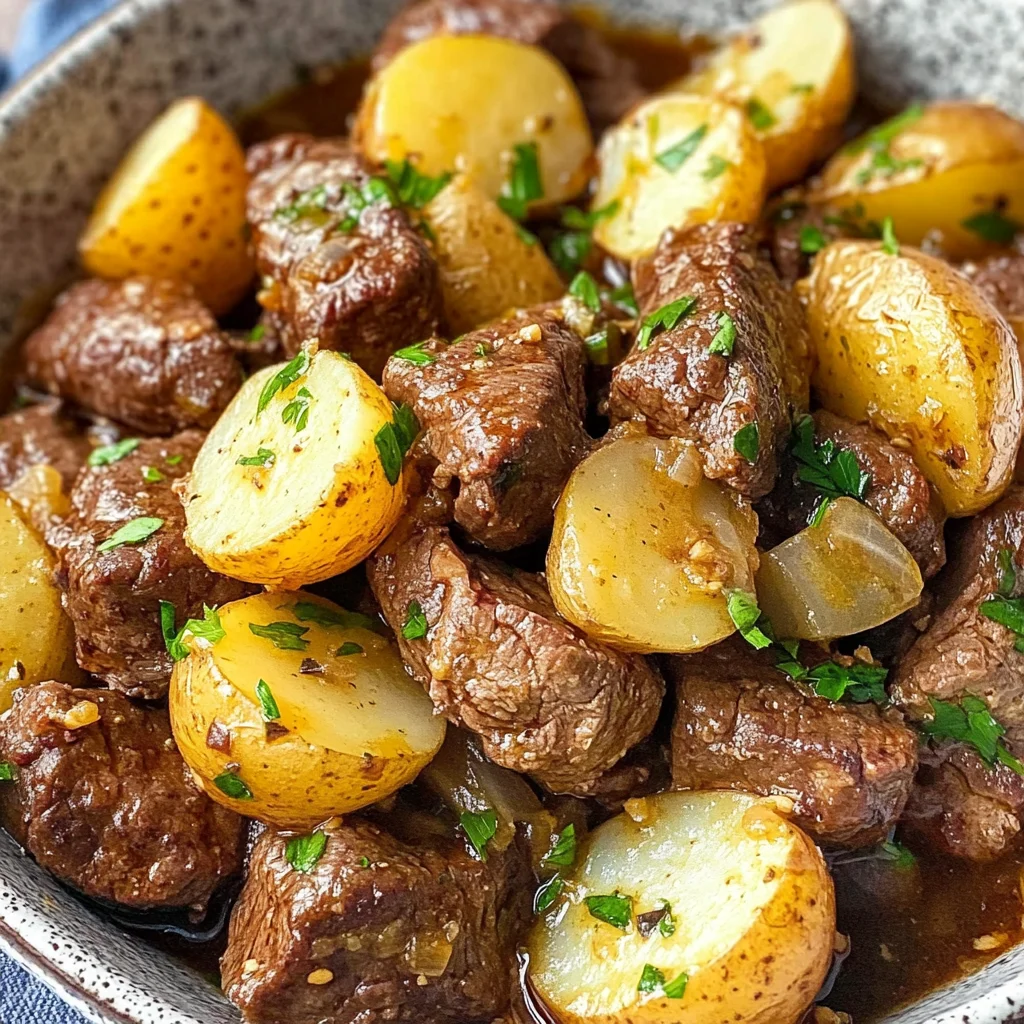 Slow Cooker Garlic Butter Beef Bites & Potatoes