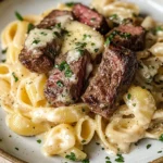 Steak Bites and Shell Pasta in Garlic Butter Alfredo Sauce