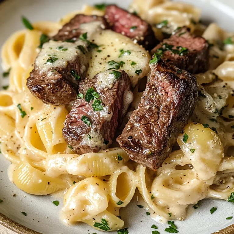 Steak Bites and Shell Pasta in Garlic Butter Alfredo Sauce