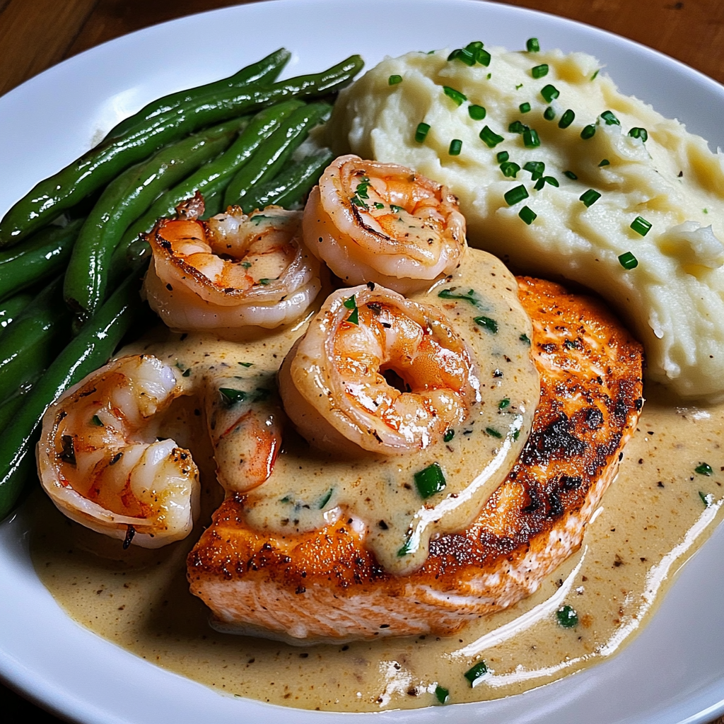 Cajun Shrimp and Salmon with Garlic Cream Sauce, Mashed Potatoes, and Green Beans: A Flavor-Packed Dinner to Impress