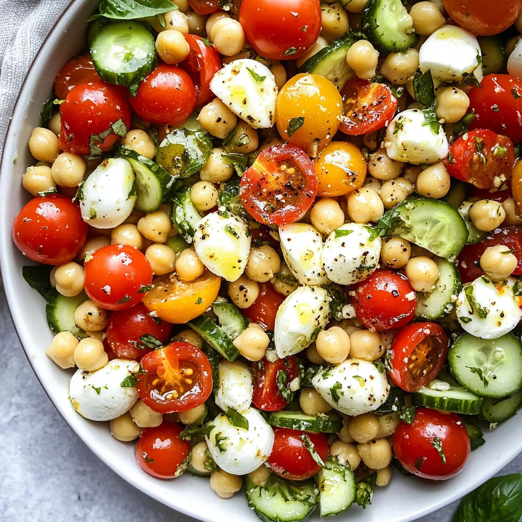 Caprese Chickpea Salad with Roasted Garlic Basil Dressing