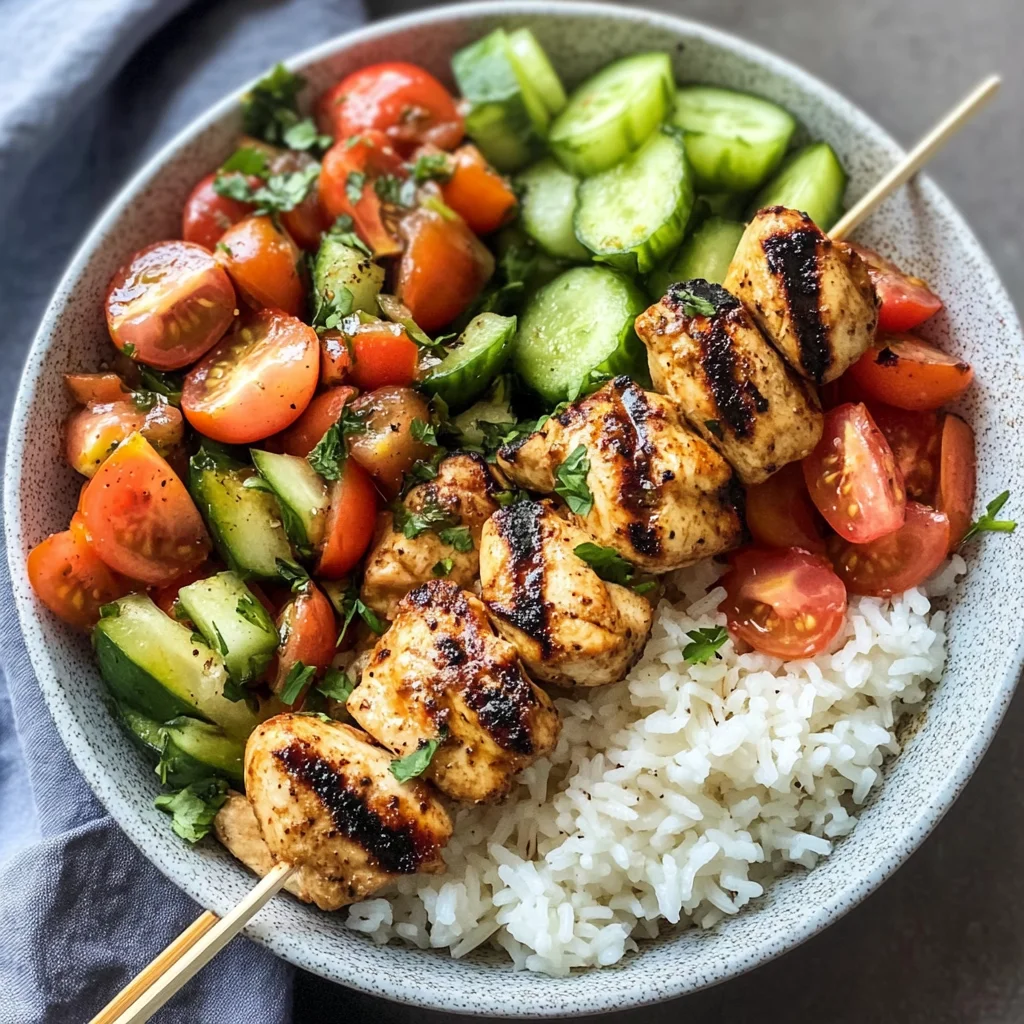 Mediterranean Bowl with Grilled Chicken Tawook Skewers
