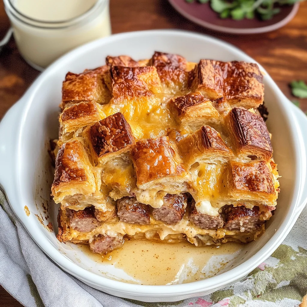 Overnight Croissant Breakfast Casserole Bake with Gravy