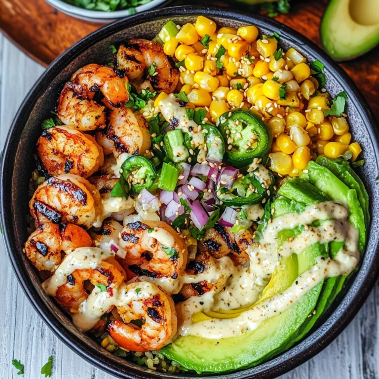 Grilled Shrimp Bowl with Avocado, Corn Salsa & Creamy Garlic Sauce