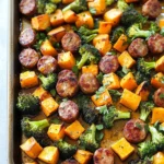 Sheet Pan Sausage and Sweet Potatoes with Honey Garlic Sauce