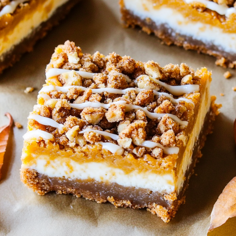Pumpkin Cheesecake Bars with Walnut Crust and Streusel Topping