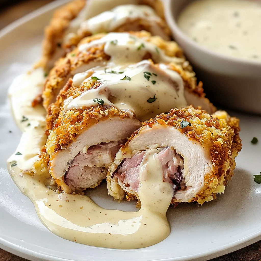 Chicken Cordon Bleu with Swiss Cheese Sauce is delicious.