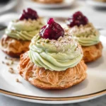 Cream puffs with Pistachio creme mousseline and raspberry jam