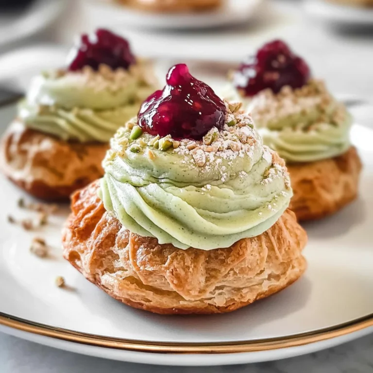 Cream puffs with Pistachio creme mousseline and raspberry jam