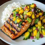 Grilled Lime Salmon with Avocado-Mango Salsa and Coconut Rice recipe