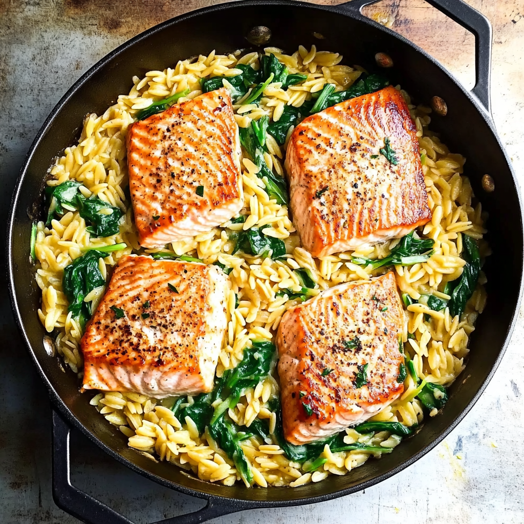 One Skillet Salmon with Lemon Orzo