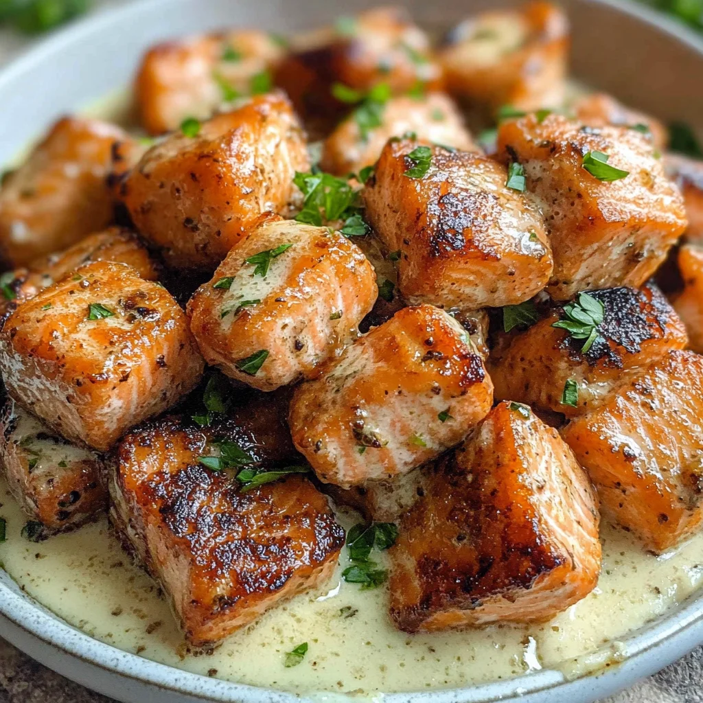 Air Fryer Salmon Bites with Garlic Cream Sauce