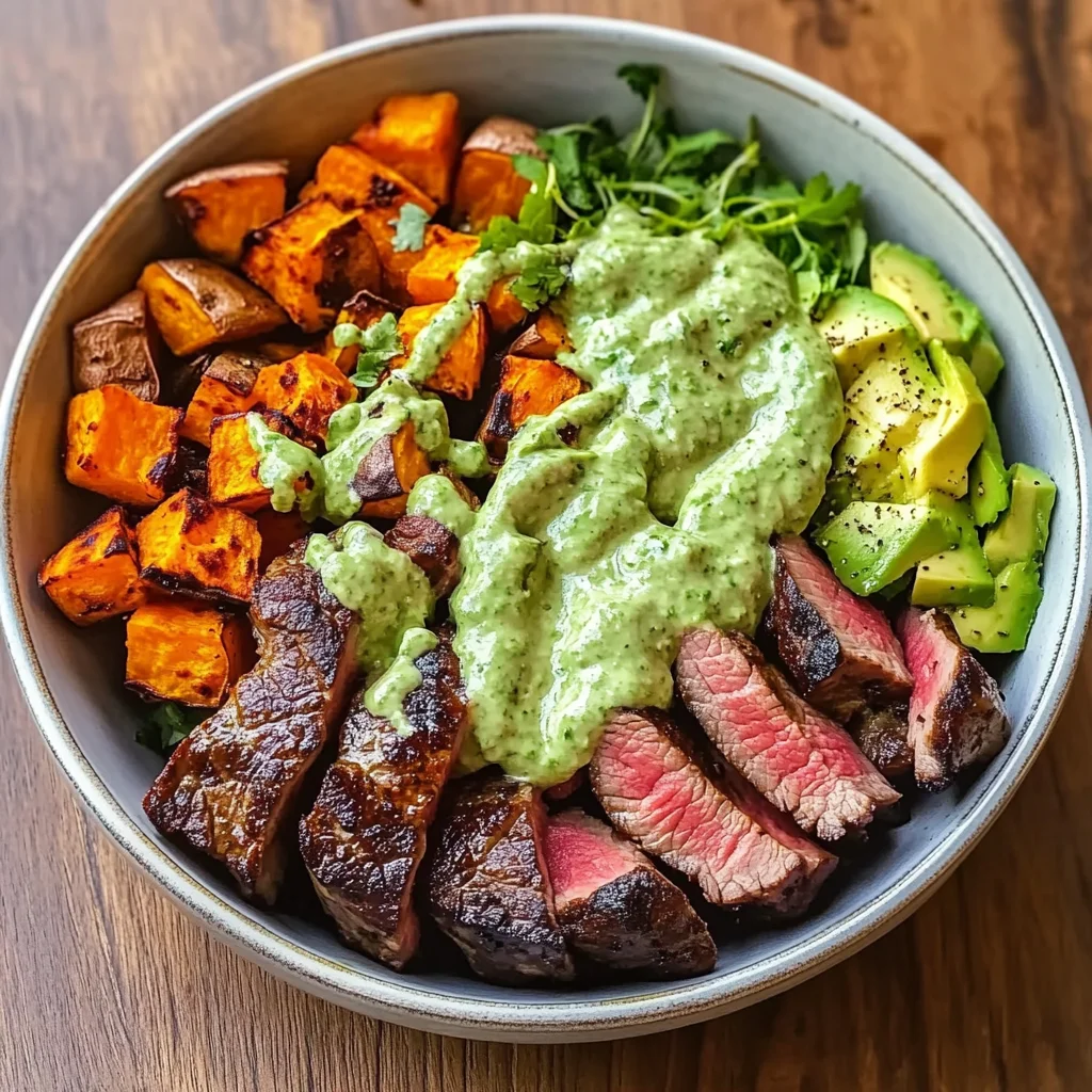 Steak and Sweet Potato Bowls with Avocado-Cilantro Drizzle