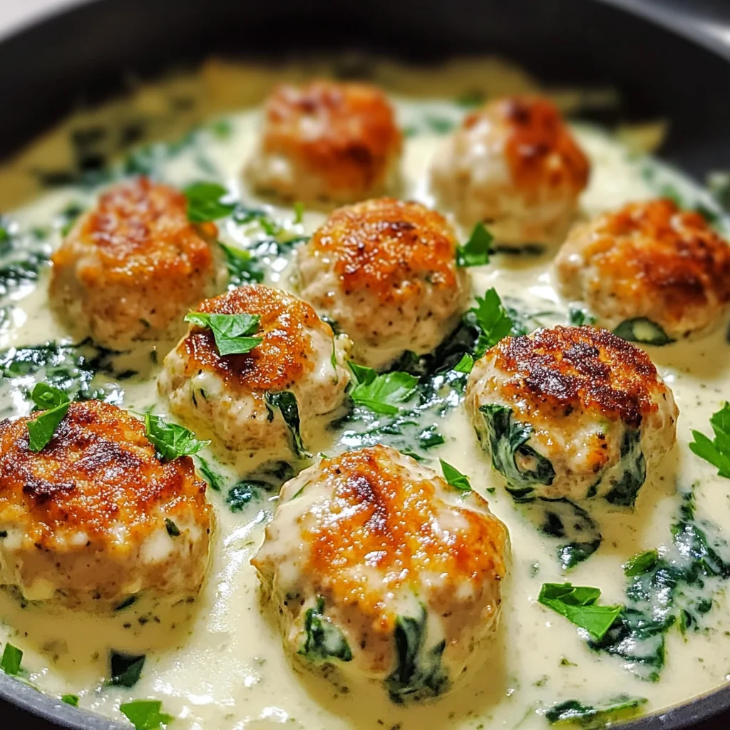 Baked Chicken Ricotta Meatballs with Spinach Alfredo Delight