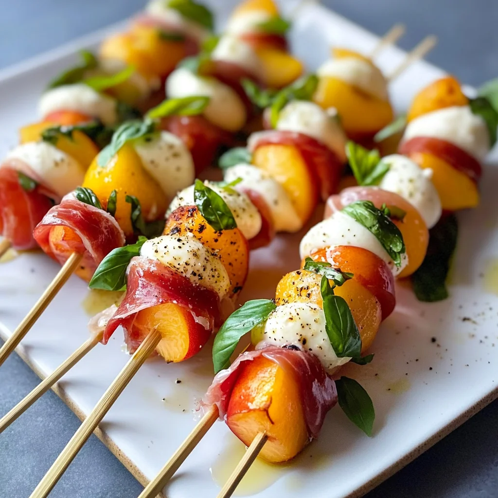 Mozzarella, Prosciutto, and Pickled Peach Appetizer Skewers